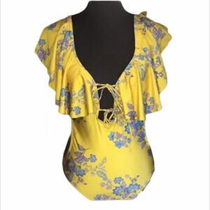 Sam Edelman Floral Swim Suit Yellow Blue Small